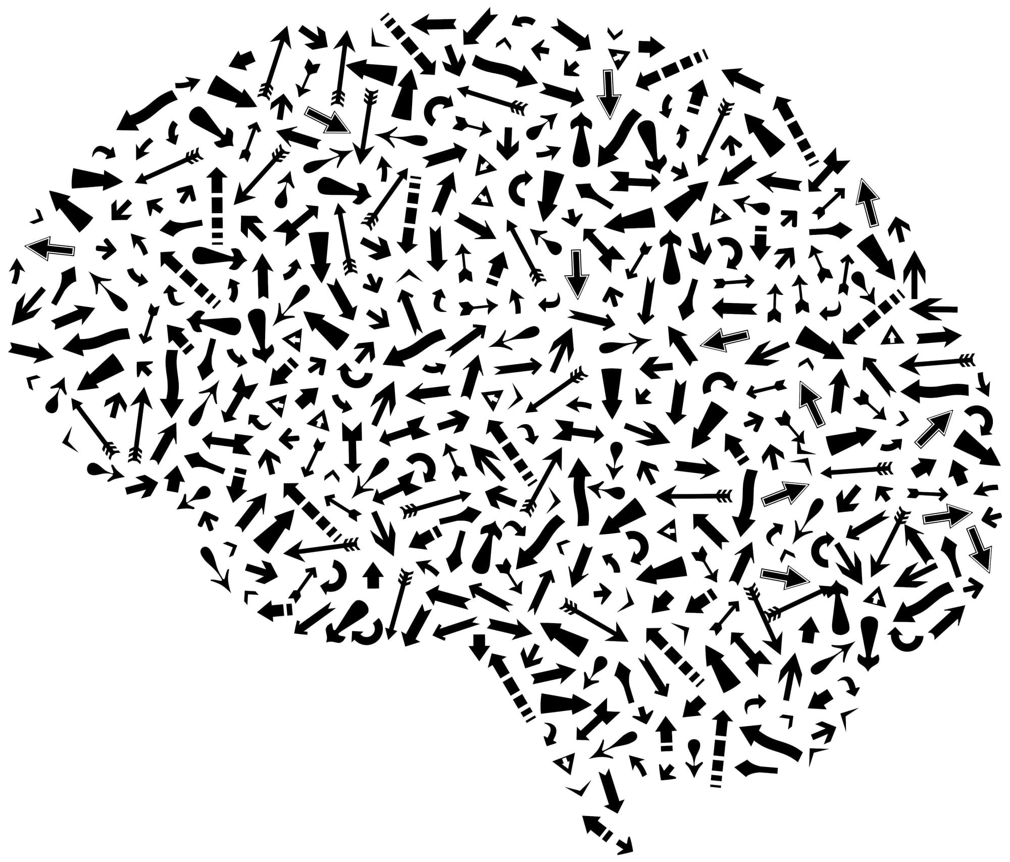 A black and white image of a brain outline made up of many arrows going in different directions.